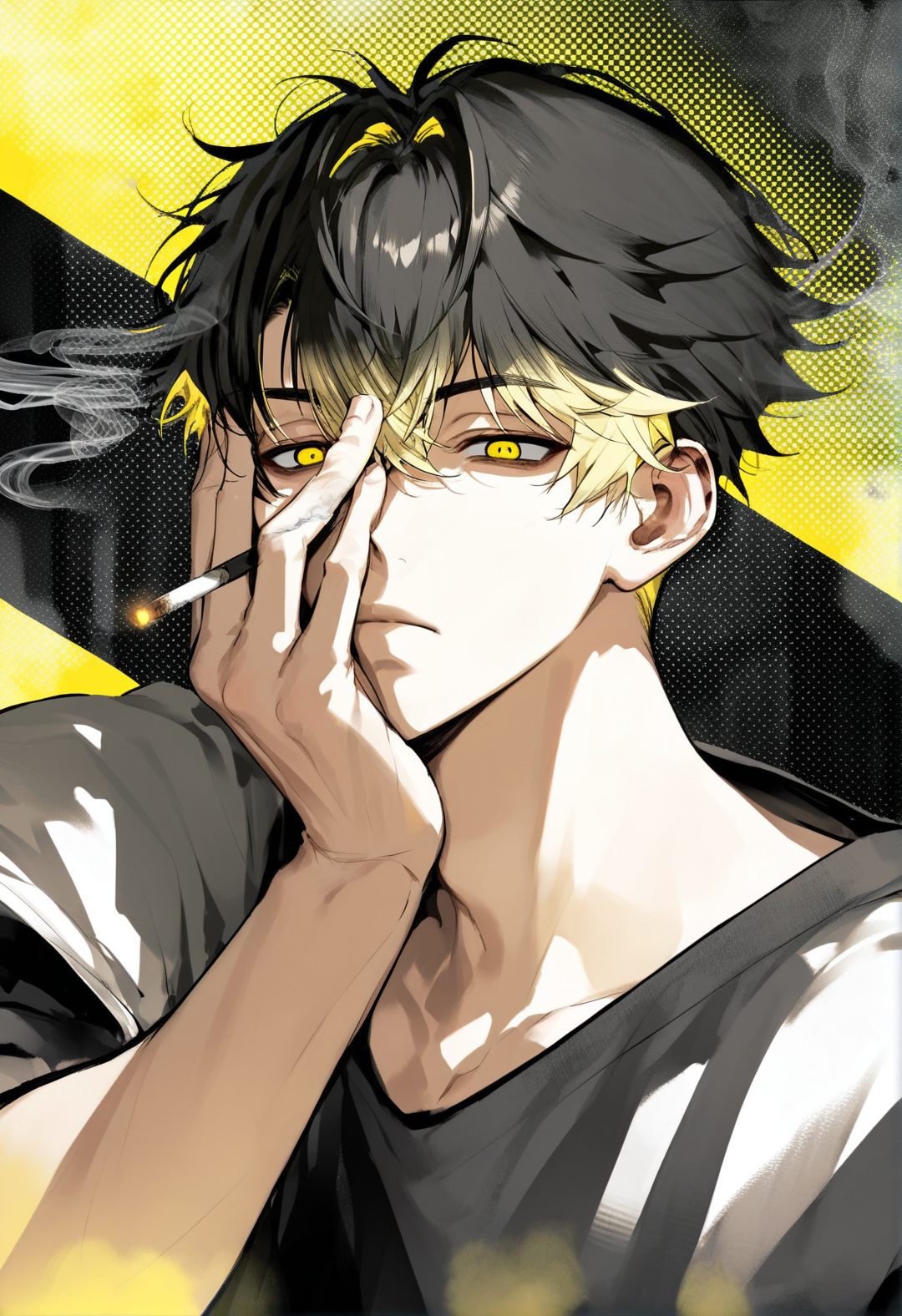 01487-1638117551-_lora_MUKi_0.8_,muksal style,1boy,shirt,kazutora_hanemiya,blonde hair,yellow eyes,black hair,two-tone hair,smoking,covering_face.png